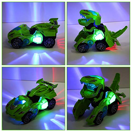Motiloo Transforming Dinosaur Toys,LED Transforming Dinosaur Car,3D Automatic Transforming Dinosaur Car with Light Sound for Kids Christmas Toy Gifts(Green)