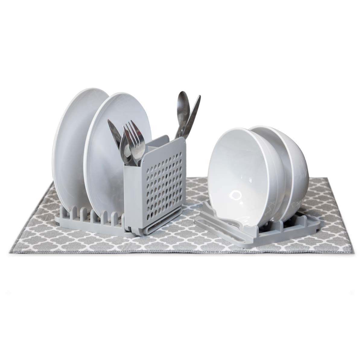 Compact Collapsible Dish Drying Rack and Ultra Absorbent Microfiber Mat. Drain and Air Dry 5 Plates, 2 Bowls and Silverware Without Dripping on Counters or Taking Up Lots of Space (Light Gray)