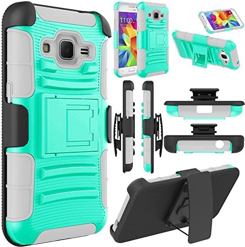Galaxy Core Prime Case, EC™ Galaxy Prevail LTE Case, Hybrid Armor Dual Layer Full Body Protective Holster Case with Kickstand + Belt Swivel Clip for Samsung Galaxy Core Prime (A Turquoise+Grey)