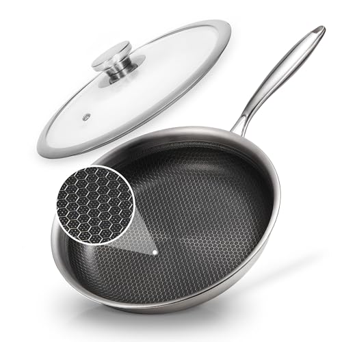 KOKHUB Stainless Steel Frying Pan with Lid, 28cm Nonstick Honeycomb Skillet, Non Toxic Cookware Pan for Induction, Electric and Gas Hob, Dishwasher/Oven Safe, PFOA Free