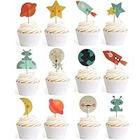 Outer Space Dog Cupcake Toppers Rocket Themed Party Aliens Cake Decorative 24pcs Spaceship by GOCROWN