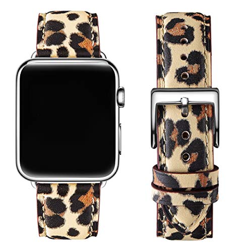 쇼핑365 해외구매대행 | OMIU Square Bands Compatible for Apple Watch 38mm 40mm 42mm  44mm, Genuine Leather Replacement Band Compatible with Apple Watch Series 6/ 5/4/3/2/1, iWatch SE (Leopard/Silver Connector, 38mm 40mm)