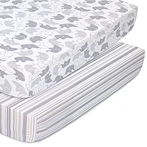 The Peanutshell Fitted Pack n Play, Playard, Mini Crib Sheets for Baby Boys or Girls | 2 Pack Set | Grey Elephant and…