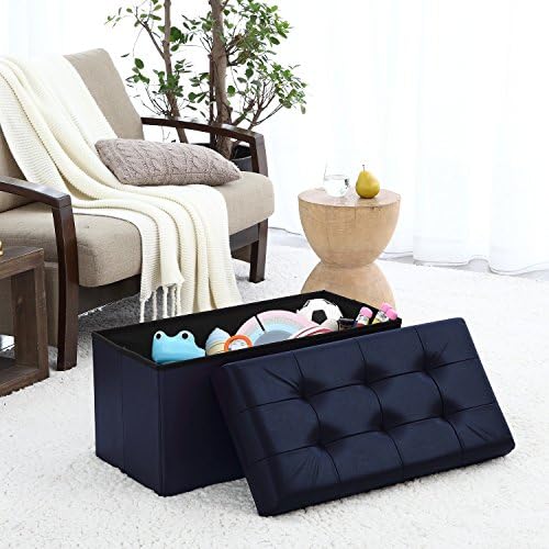 Ellington Home Foldable Tufted Faux Leather Large Storage Ottoman Bench Foot Rest Stool/Seat - 15" x 30" x 15" (Navy)