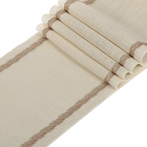 Ling's moment 12x72 Inch White Burlap Table Runner with Latte Leaf Trim Spring Garden Rustic Outdoor Wedding Party Decoration, Baby & Bridal Shower Decor. Farmhouse Decoration