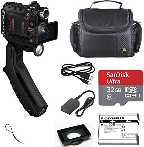 Olympus Tough TG-Tracker UHD 4K Wi-Fi GPS Shock Waterproof Video Camera Camcorder (Black) with Steady Grip + SanDisk Ultra 32GB microSDHC Memory Card + Carrying Case