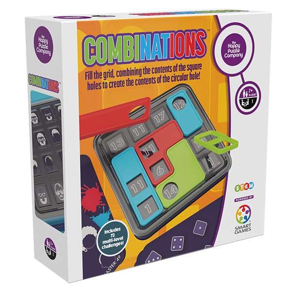 The Happy Puzzle Company Combinations - Challenging Puzzle Game - 72 Multi-Level Challenges - Fill the Grid with Clever Additions, Subtractions, and Creative Thinking, Stimulate Your Mind