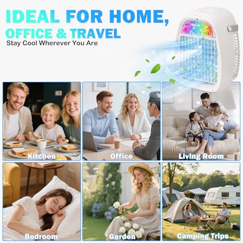 Portable Air Conditioner, 1100ML Mini Air Cooler with Remote Control, 4-in-1 Portable Air Cooler Fan, 3 Speeds, 2 Mist Modes, 1-4H Timer, 7 Colour LED, USB Cooling Fan for Bedroom Office Car Camping