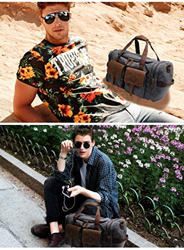 Kemy's Canvas Duffle Bag for Mens Oversized Overnight Bag Weekend Duffel Weekender Travel Bags Leather Doufle Gym Carryon Airplanes Carry On Luggage Large Easter Gifts Grey