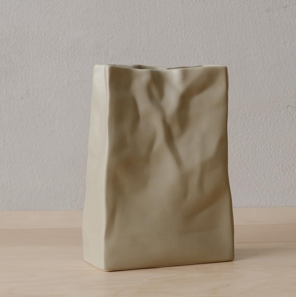 WENSHUO Crinkle Paper Bag Shape Ceramic Vase, Large Capacity for Flower Arrangement, Bookshelf Decorative (Coconut Café) Black,yellow HP2203061