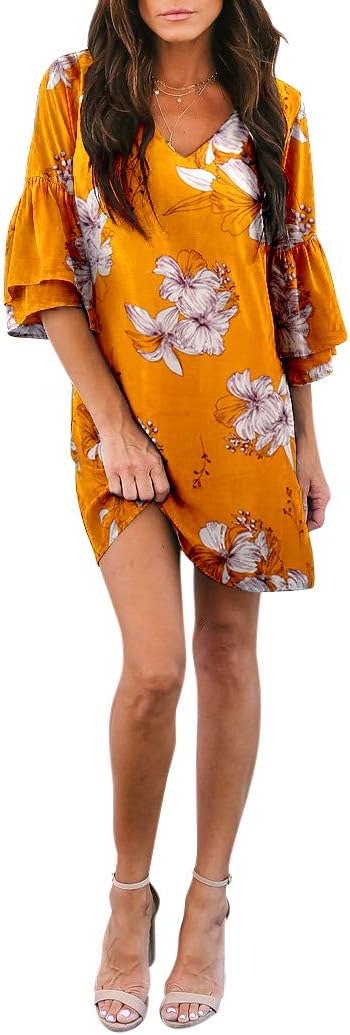 Women's Dress Sweet & Cute V-Neck Bell Sleeve Shift Dress Mini Dress