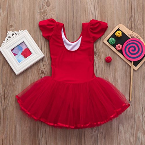 Toddler Girls Gauze Leotards Bodysuit Dancewear Dress Short Sleeve Ballet Skirts (Red, 24M)