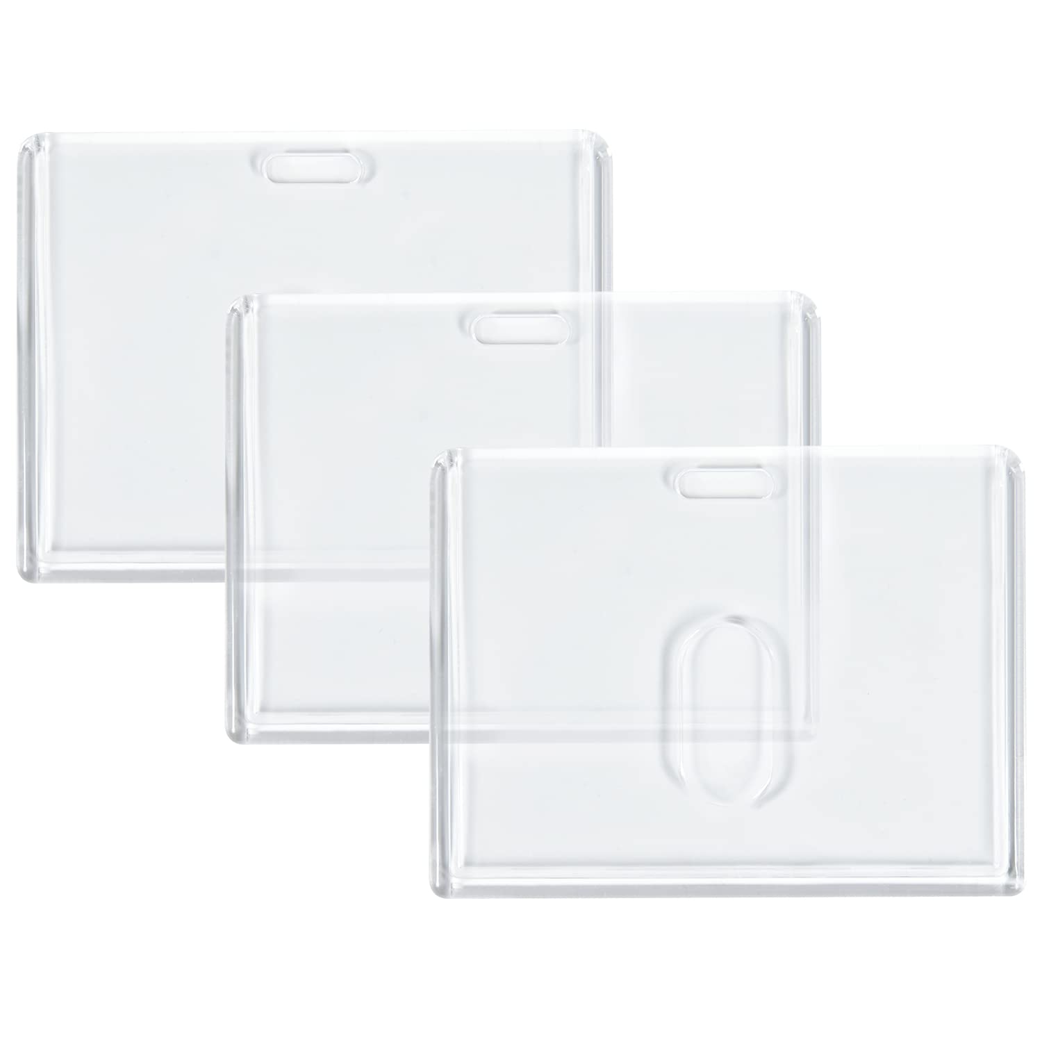 3 Pack Heavy Duty ID Badge Holder, Hard Plastic Clear Holder with Thumb Slots - Holds 2 Card