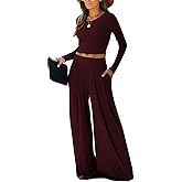 Wide Leg Pant Suits for Women Elegant 2 Piece Solid Outfits Long Sleeve Crop Top High Waist Long Pants with Pockets
