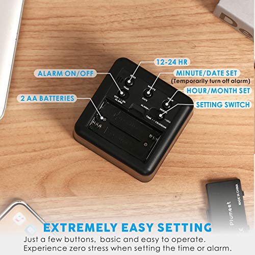Plumeet Easy Setting Digital Travel Alarm Clocks with Snooze, Blue Nightlight, Large Display Time/Date/Alarm, Ascending Sound Alarm, Batteries Powered (Black)