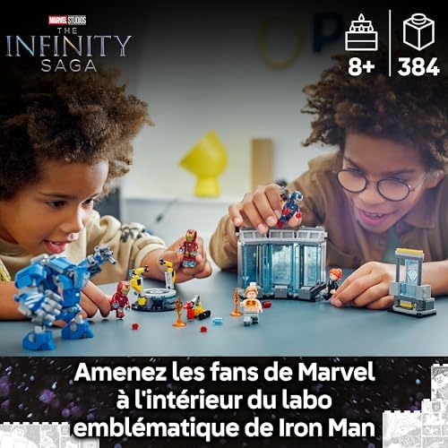 | Marvel Le Laboratoire d’Iron Man : la Salle des Armures - Jeu de Construction avec Robot et 5 Minifigurines dont Aldrich Killian & Robot Dum-E - Cadeau Avengers, Garçon ou Fille dès 8 ans 76315