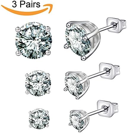 Jewelry 18K White Gold Plated Stainless Steel Clear CZ Cubic Zirconia Ear Stud Earrings Set (3-6 Pairs,0.25-3 ct)