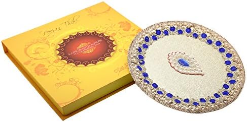Ethnic Style Alluring Beige Stainless Steel Decorative Poojan Thali With Kundan Zari Work Including Idol Of Laxmi Ganesh Ji