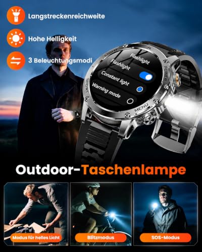 Karchilor Military Smartwatch Men's with 1000 mAh Battery - Fitness Watch with Bluetooth Calls, 1.7 Inch HD Display, LED Torch, IP68, 110+ Sports Modes, Heart Rate and Sleep Analysis, for iOS