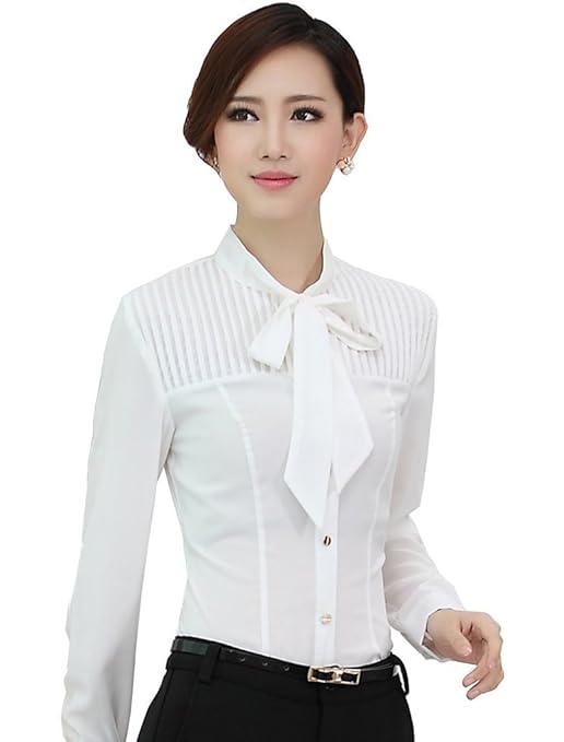 Minetome Damen Elegant Knoten Ausschnitt lässig Rüschen Langarm Hemd Slim Fit Bluse OL Business Tops Unifarben