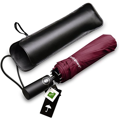 Bodyguard Travel Umbrella, 10 Ribs Finest Windproof Umbrella with Teflon Coating, Auto Open Close and Upgraded Comfort Handle - Gift Leather Cover (Red)