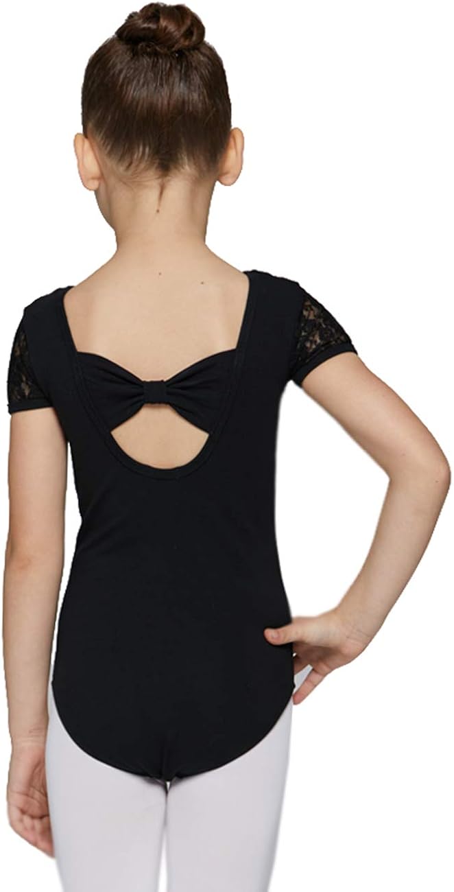 MdnMd Girls Ballet Dance Neck Lace Leotard for Toddler Gymnastic With Bow Back Detail Cap Sleeve: Clothing