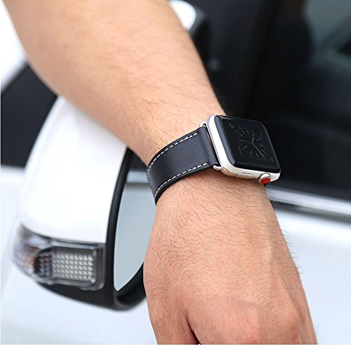 Compatible Apple Watch Band 38mm, Marge Plus Genuine Leather iwatch Band Replacement Strap Stainless Metal Clasp Apple Watch Series 3 Series 2 Series 1 Sport Edition - Black - Thumbnail 4