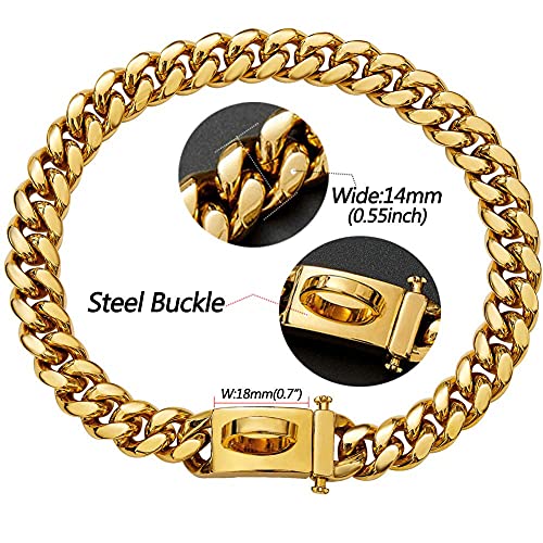 Stainless Steel Charm Metal Gold Chain Dog Collar with Buckle, Waterproof Anti-Chew Cuban Link Chain Bulldog Pendant Necklace Collar for Medium Large Dogs