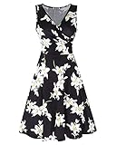 KILIG Women's Floral Print Dress,Casual Sleeveless V Neck A Line Elegant Dresses with Pockets(C004,L)