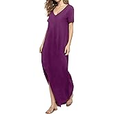 Match Women's V-Neck Casual Loose Short Sleeve Long T-Shirt Dress Split Maxi Dress with Side Pocket