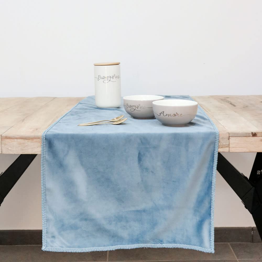 Velvet Table Runner with Embroidered Border, Table Decoration Runner Velvet Placemats, Decorative Runner for Dining Room, Dusty Blue, Declea Home Decor