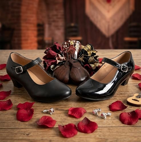 Flamenco Shoes for Girls Dance Dance Sevillanas with Adjustable Strap Heel, Non-Slip Sole