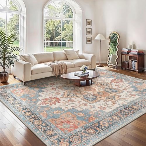 GENIMO Großer Vintage Teppich Korallenblau fürs Wohnzimmer, 240x300 cm