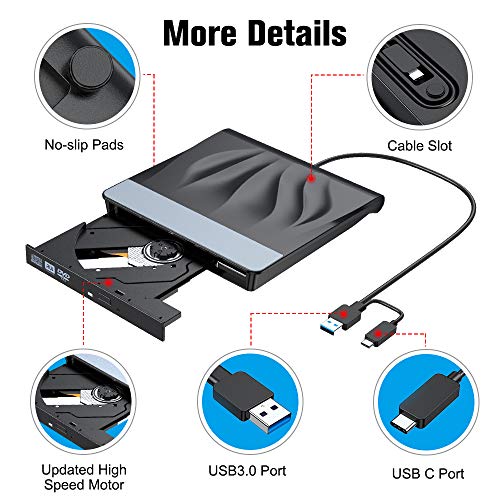 VersionTECH. External CD DVD Drive USB 3.0 Type-C Portable Superdrive Burner Player Writer CD DVD +/- RW, Compatible with Windows 10 8 7 XP Vista Mac OS System for Mac Pro Air iMac Laptop