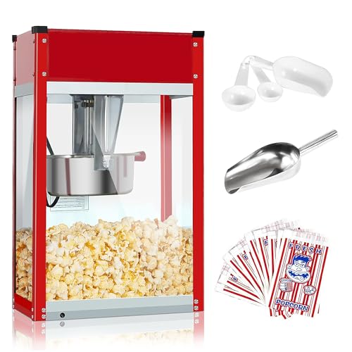 Brevix Popcorn Machine - Electric Popcorn Popper | Stainless Steel Kettle With Scoops, Bags & Cups | Countertop Machine, Theater Style | Ready in 5 Minutes | 750 W | Red, 8 oz (32 Cup Capacity)
