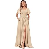 HLEPUN Women's Chiffon Flutter Sleeve Bridesmaid Dress Long with Slit V-Neck Pleated Formal Evening Party Gowns