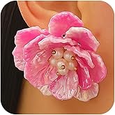 Delicate Colorful Shell Pearl Cluster Flower Stud Earring for Women Statement, Boho Purple Red Floral Seashell Petal Earring Trendy Party Jewelry Gift