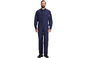 WORK IDEA Men's Long Sleeve Coverall 100% Cotton with Brass Zipper Utility Overalls with 6 Pockets