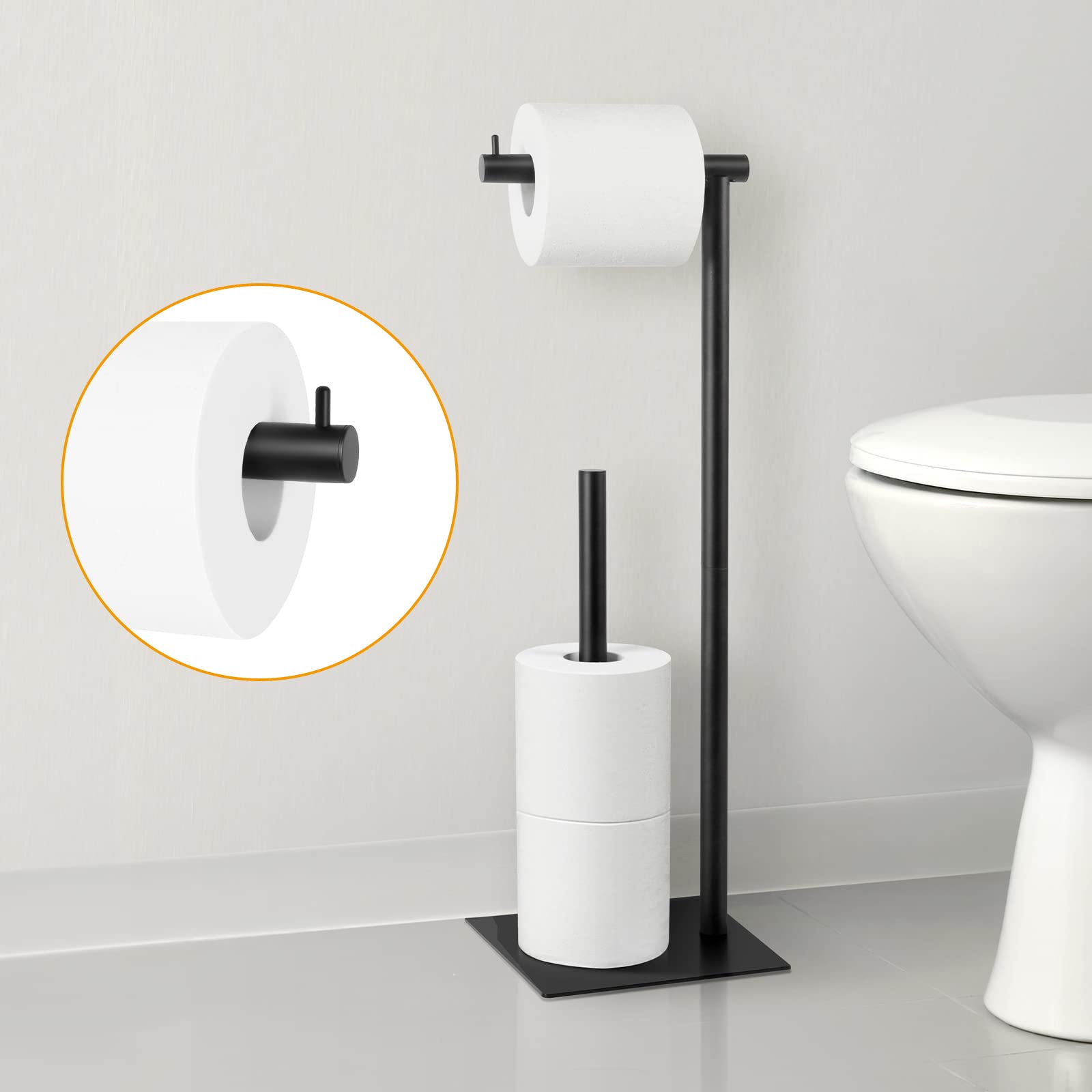 UOMIO Black Toilet Roll Holder Free Standing 4 Roll Paper Reserve Storage Stand Exquisite and Lightweight Metal Pipe No Drilling Anti-slip Toilet Tissue Rack for Bathroom