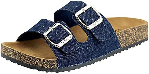 Anna Shoes Women's Strappy Buckle Cork Sole Slide Sandal (7 B(M) US, Blue Denim)