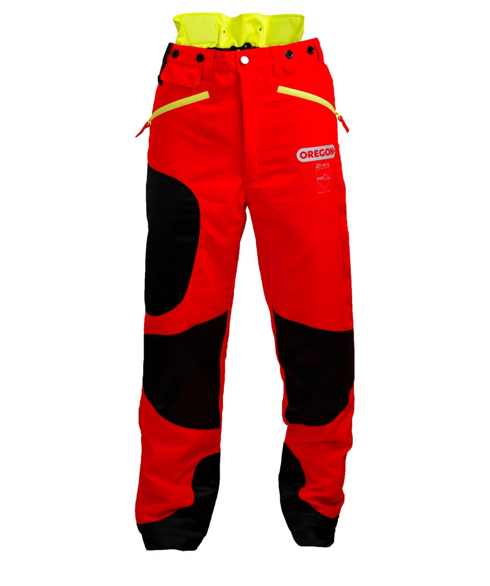 Oregon Waipoua Chainsaw Protective Safety Trousers,Type A Class 1 Chainsaw Protection,Adjustable Lightweight Breathable Re-enforced Clothing,Size 3XL / EU 62-64–Hi Vis Red/Yellow/Black (295469/3XL)
