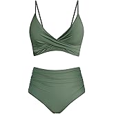 Amy Babe Women's High Waisted Bikini Sets Push Up Twist Front Spaghetti Straps Ruched Two Piece Swimsuit Bathing Suit