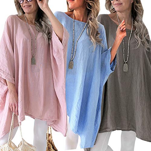 Women\'s Linen Blouse Tunic Tops - Fashion Summer Loose Fit T Shirt Blue Small