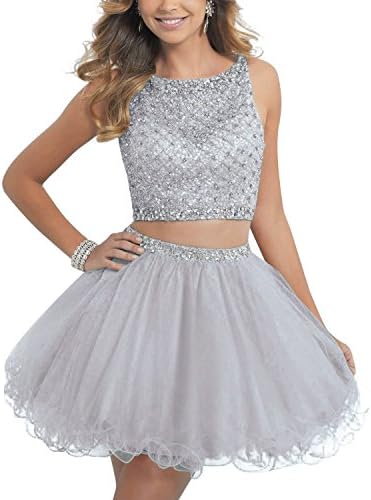 ALW Short Beaded Homecoming Dress Two Pieces Mini Tulle Prom Gown ALW076SI-US4