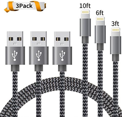 Lightning Cable 3 Pack 3FT 6FT 10FT Nylon Braided iPhone Certified Lightning to Usb Cable Fast Charging Cable for Apple iPhone 7/7 Plus/6S/6/6 Plus/6S Plus/5S/5C/SE/5/iPad Air/Mini/iPod Nano/Touch