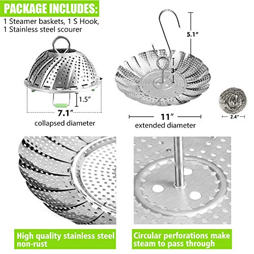 Vegetable Steamer Basket Stainless Steel Steamer Insert for Steaming Veggie Food Seafood Cooking, Metal Handle Foldable Legs, Collapsible to Fit Various Pot Pressure Cooker (7.1" to 11")