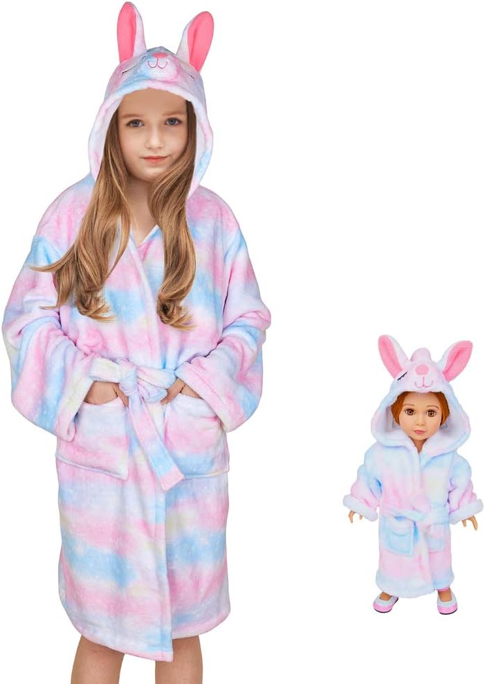 Basumee Kids Robe Unicorn Hooded Sleepwear Fleece Bathrobe Matching Girl Doll Gift Bathrobe