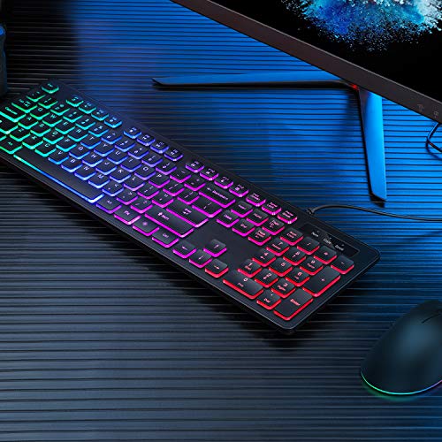 Wired Backlit Keyboard, seenda Slim USB Illuminated Wired Keyboard with Foldable Stand, Full