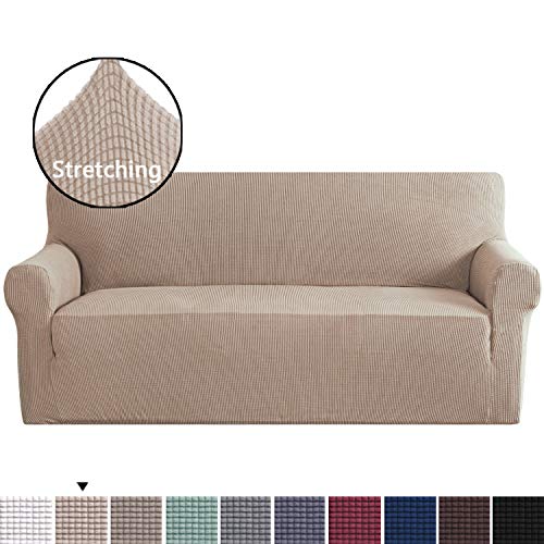 Skid Resistance Spandex Stretch Fabric Slipcover, Form Fit Stretch, Stylish Furniture Cover/Protector Machine Washable- Three Seater - Sand