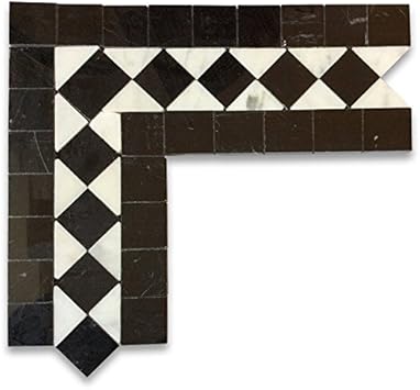 Stone Center Online Carrara White Italian Carrera Marble Classic Black And White Diamond Mosaic Border Listello Tile Polished Venato Bianco Bathroom Kitchen Wall Floor Accent Tile Home Kitchen Home Decor Accents